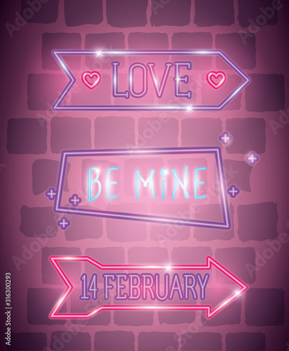 set of valentine icons in neon light