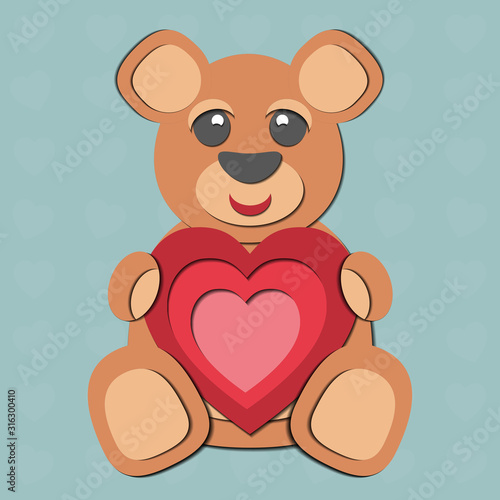 A Valentine's Day vector drawing of a cute paper cut out teddy bear holding a red heart in its paws. The animal is brown on a blue background.