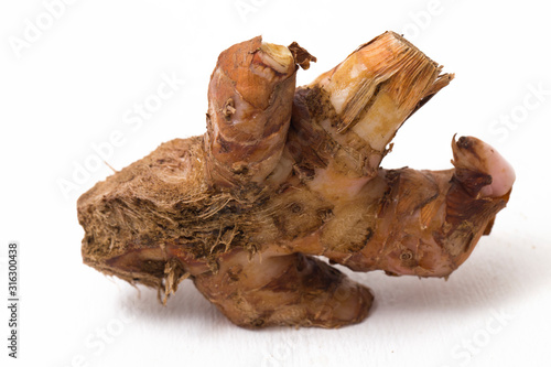 Natural galangal rhizomes in indonesia called lengkuas or laos are used in traditional asian cuisines, isolated on white background photo