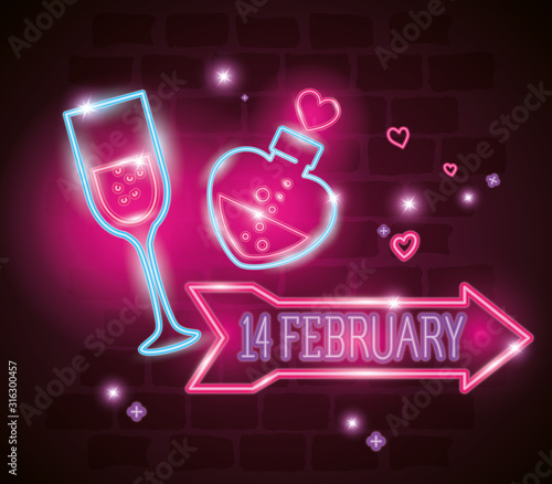 set of valentine icons in neon light