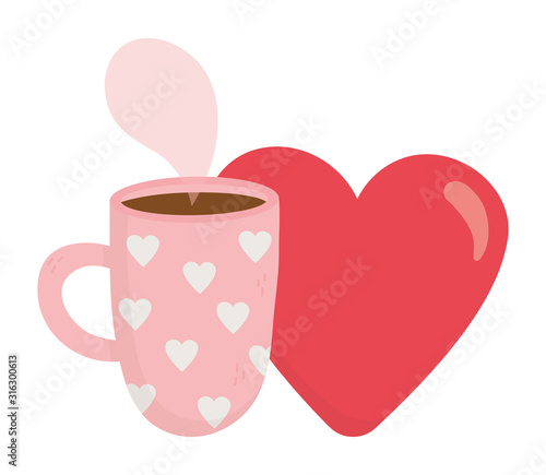happy valentines day, hot coffee cup and red heart love