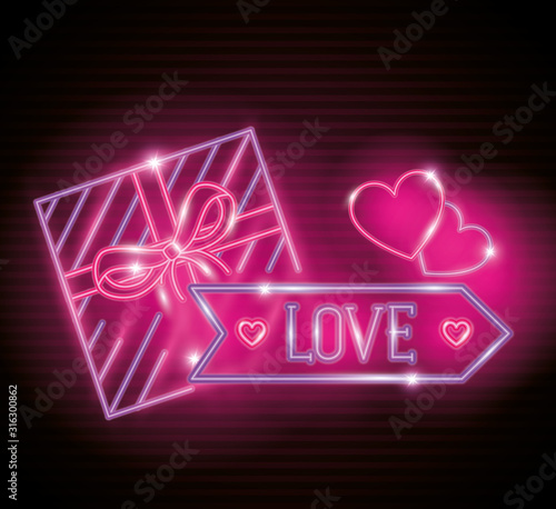 set of valentine icons in neon light