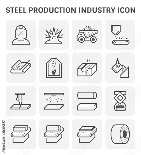 Steel production industry, manufacturing and metallurgy vector icon consist of worker, mining, factory plant and machine i.e. production line, furnace, foundry. Include process to casting product.