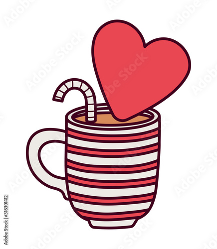 happy valentines day  cup chocolate with red heart and candy cane