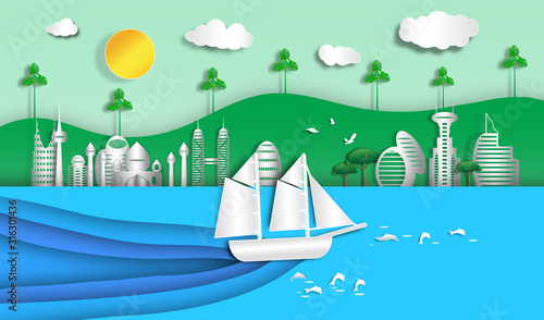 landscape sea view and barque in summer outdoor with city background of paper art style,vector or illustration with travel concept