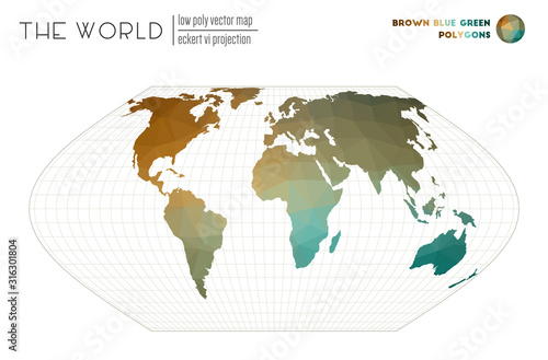 Polygonal world map. Eckert VI projection of the world. Brown Blue Green colored polygons. Contemporary vector illustration.