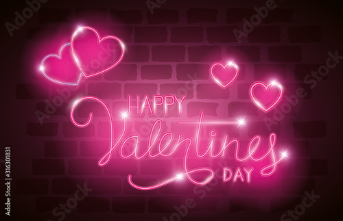 happy valentines day label in neon light, icons valentine day