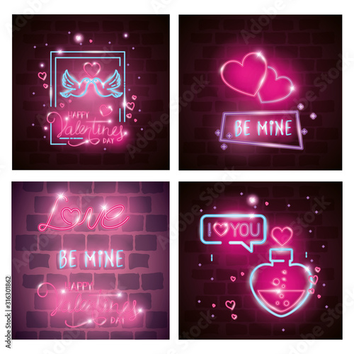 cards of valentine in neon light, valentines day