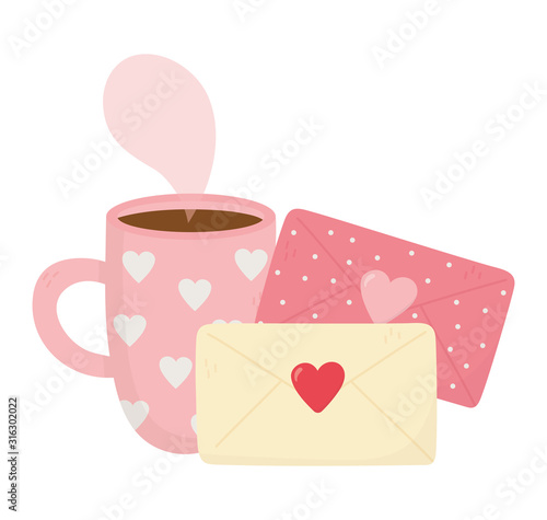 happy valentines day, coffee cup and message envelopes hearts love passion