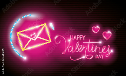 happy valentines day label in neon light, icons valentine day