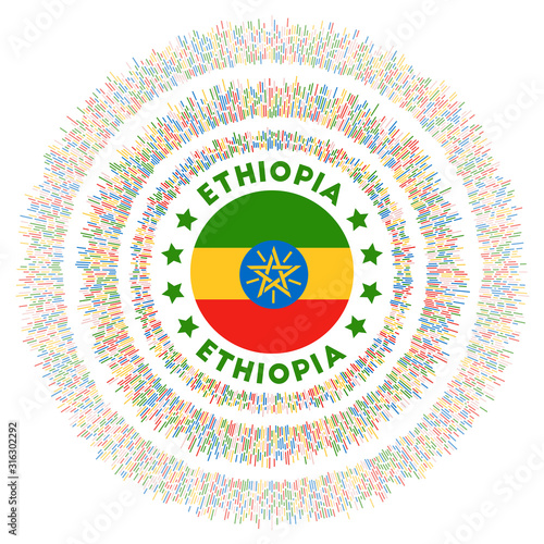 Ethiopia symbol. Radiant country flag with colorful rays. Shiny sunburst with Ethiopia flag. Appealing vector illustration.