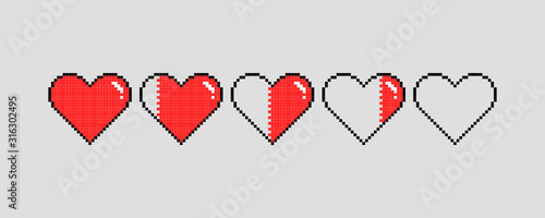 Pixel art hearts for game. different game health indicators