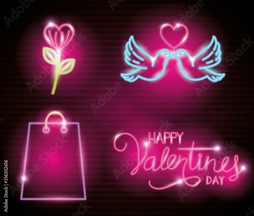 set of valentine icons in neon light