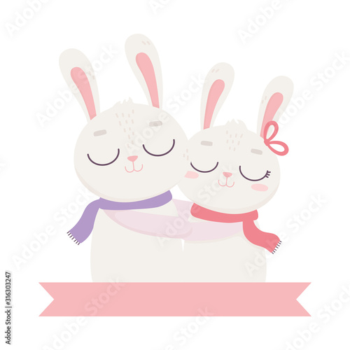 happy valentines day, cute bunny couple hugging love romantic