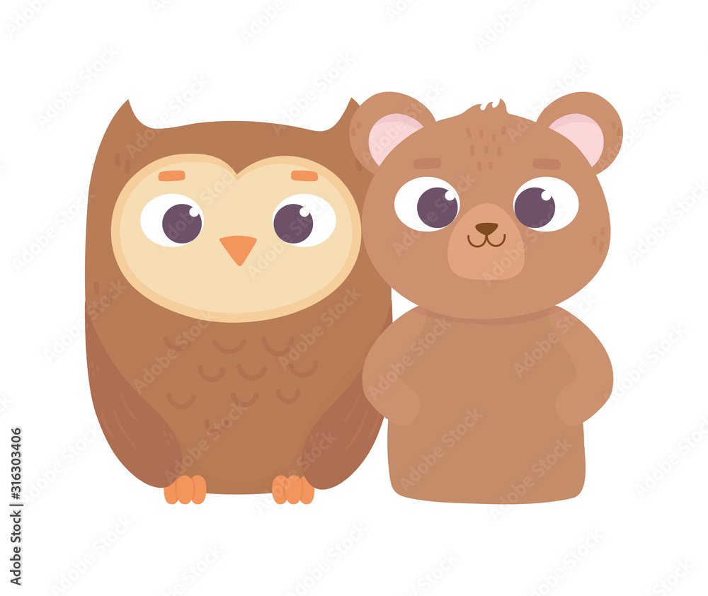 cute animals bear and owl cartoon