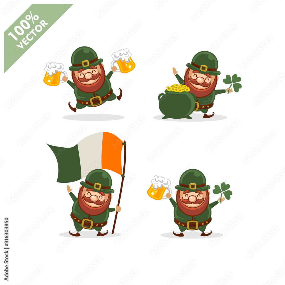 Saint Patrick's Day. Funny Leprechaun with four different poses activity. Vector illustration cartoon isolated silhouette Saint Patrick's Day. Funny Leprechaun with four different poses activity. Vector illustration cartoon isolated silhouette