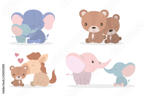 Elephants horses and bears mothers and cubs vector design