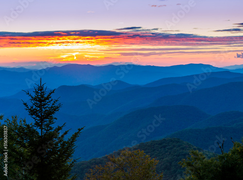 Beautiful blue ridge mountains at sunset in spring