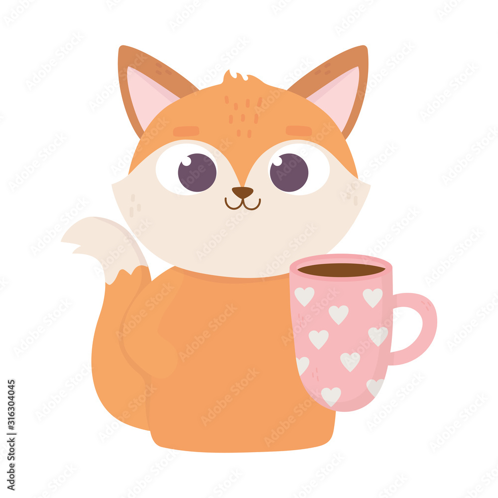 happy valentines day, cute fox with coffee cup with hearts happy valentines day, cute fox with coffee cup with hearts