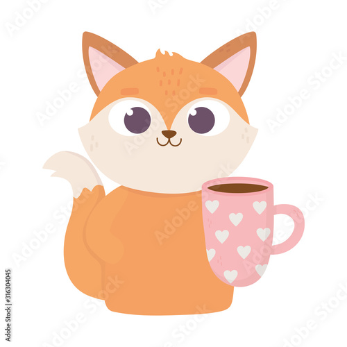 happy valentines day, cute fox with coffee cup with hearts