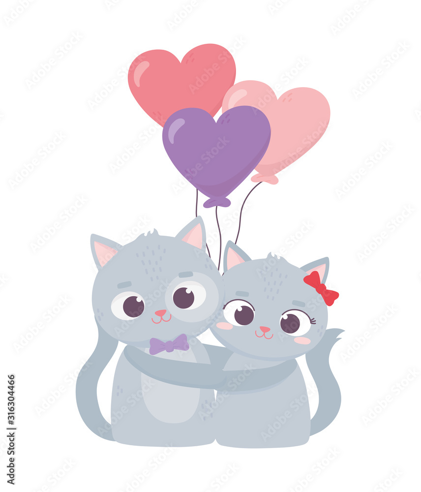 Fototapeta premium happy valentines day, cute couple cat hugging balloons hearts love cartoon