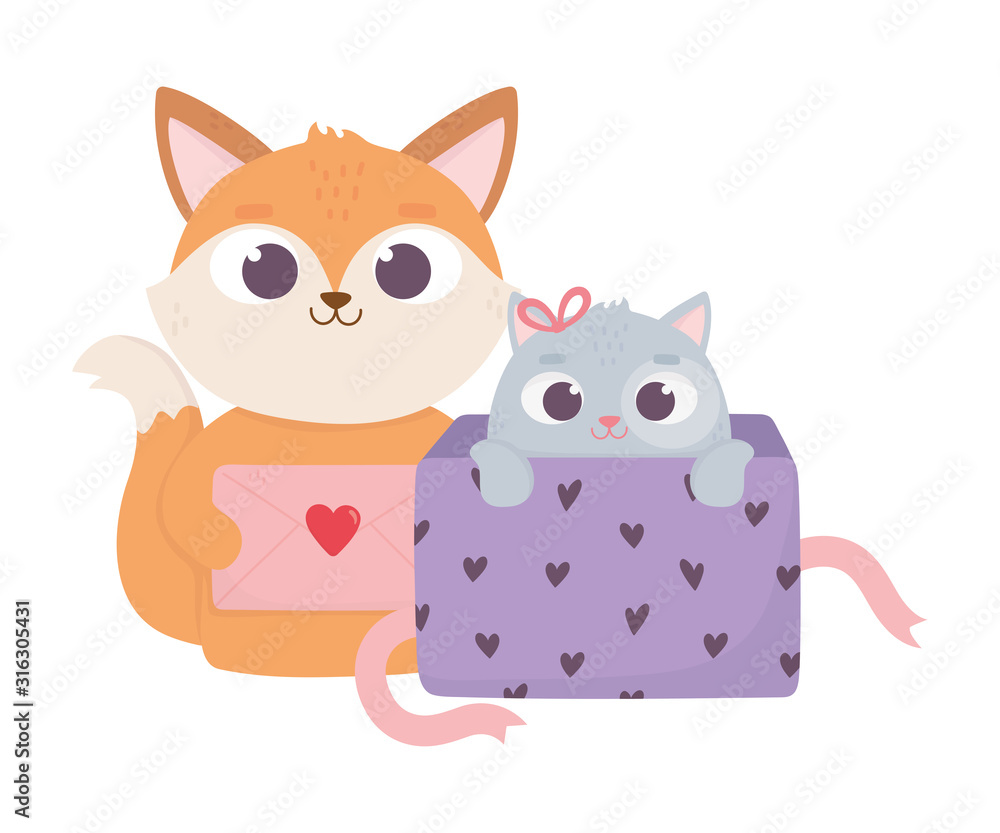 happy valentines day, cute fox with letter and little cat on gift box love happy valentines day, cute fox with letter and little cat on gift box love