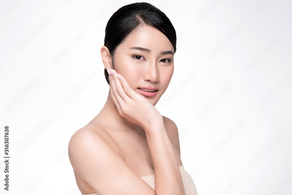 Portrait beautiful young asian woman clean fresh bare skin concept. Asian girl beauty face skincare and health wellness, Facial treatment, Perfect skin, Natural make up, on white background Portrait beautiful young asian woman clean fresh bare skin concept. Asian girl beauty face skincare and health wellness, Facial treatment, Perfect skin, Natural make up, on white background