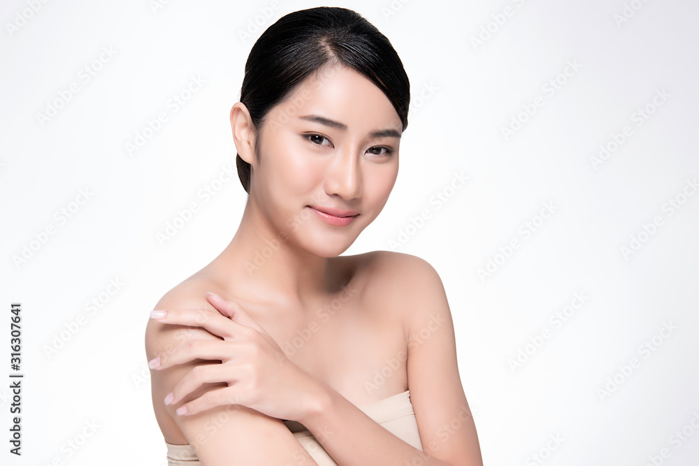 Portrait beautiful young asian woman clean fresh bare skin concept. Asian girl beauty face skincare and health wellness, Facial treatment, Perfect skin, Natural make up, on white background Portrait beautiful young asian woman clean fresh bare skin concept. Asian girl beauty face skincare and health wellness, Facial treatment, Perfect skin, Natural make up, on white background