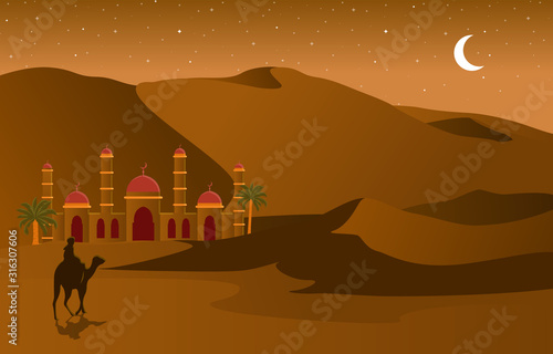 Night Desert Islamic Mosque Date Palm Tree Arabian Landscape Illustration