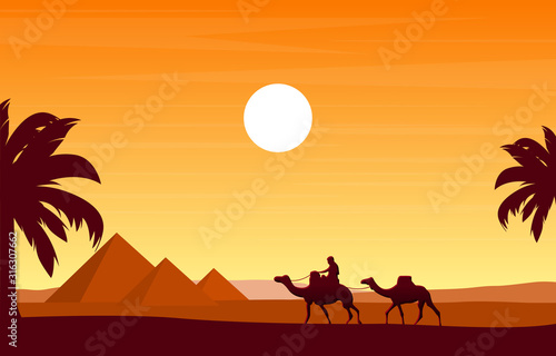 Camel Caravan Crossing Egypt Pyramid Desert Arabian Landscape Illustration