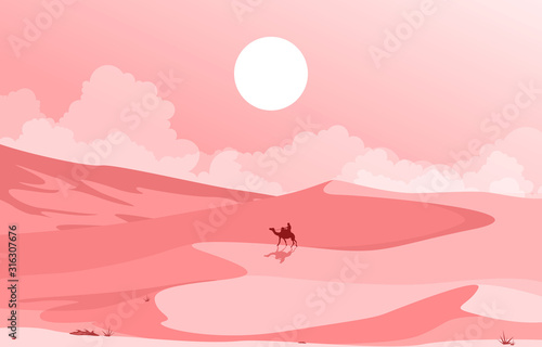 Camel Rider Crossing Vast Desert Hill Arabian Landscape Illustration