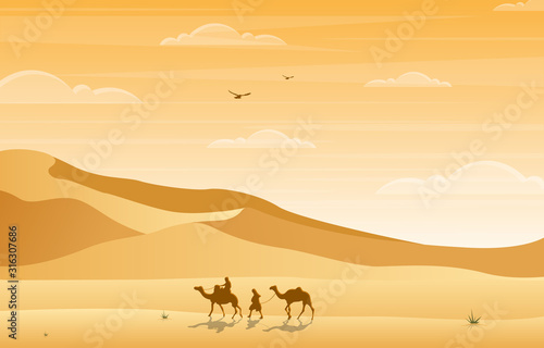 Camel Rider Crossing Vast Desert Hill Arabian Landscape Illustration