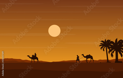 Camel Rider Crossing Vast Desert Hill Arabian Landscape Illustration