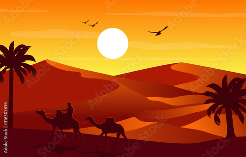 Camel Rider Crossing Vast Desert Hill Arabian Landscape Illustration