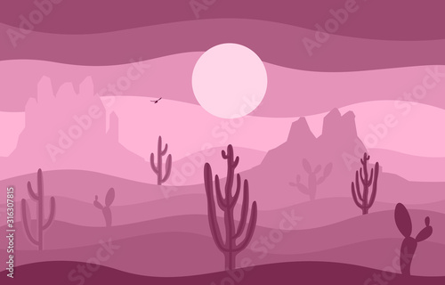 Day in Vast Western American Desert with Cactus Horizon Landscape Illustration