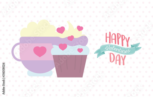 happy valentines day  sweet cupcake and coffee cup dots background
