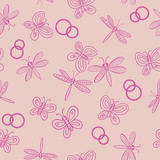 Wedding seamless pattern with butterflies, dragonflies and wedding rings. Vector illustration for Valentine's day. Can be used for weddings and other designs.