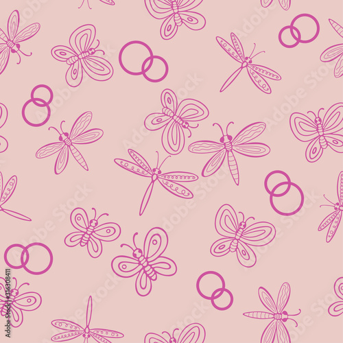 Wedding seamless pattern with butterflies, dragonflies and wedding rings. Vector illustration for Valentine's day. Can be used for weddings and other designs. © YULIA