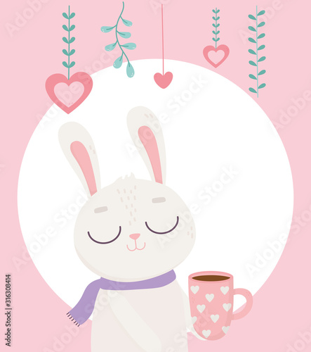 happy valentines day, cute bunny with coffee cup with hearts