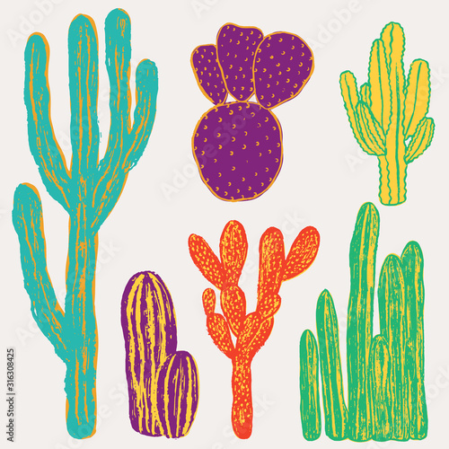 Colorful desert cactus collection. Vector illustration with vintage textures.