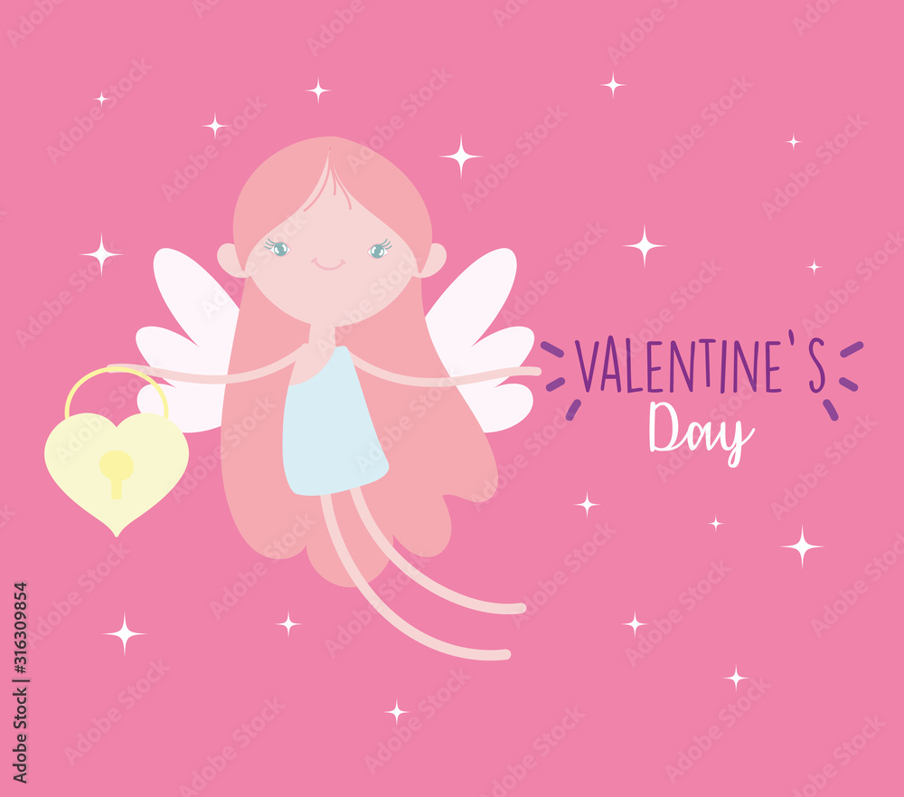 happy valentines day, cute cupid with padlock shaped heart happy valentines day, cute cupid with padlock shaped heart