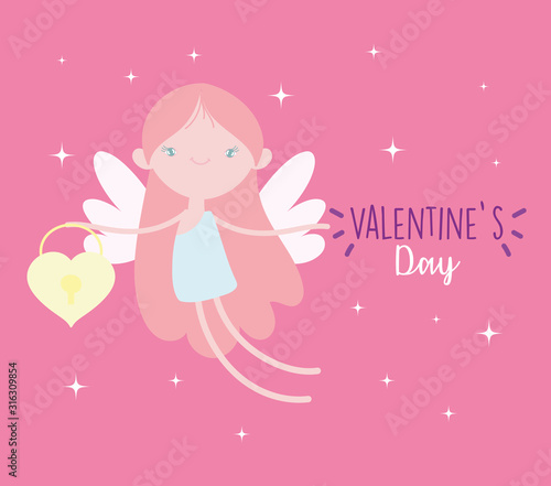 happy valentines day, cute cupid with padlock shaped heart