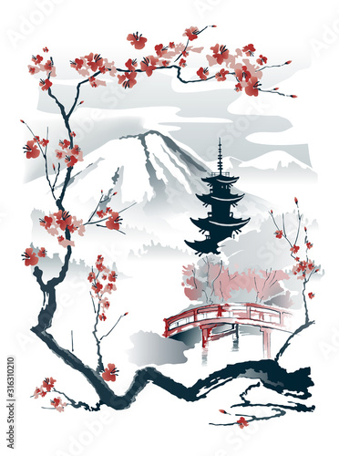 Pagoda and red bridge under the mountain framed by sakura branches. Vector drawing in traditional japanese style sumi-e.