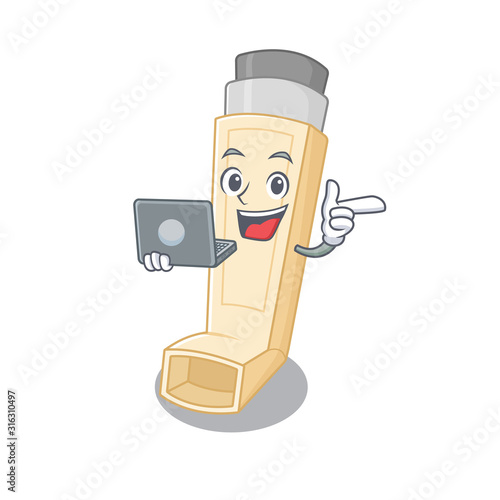 Smart character of asthma inhaler working with laptop