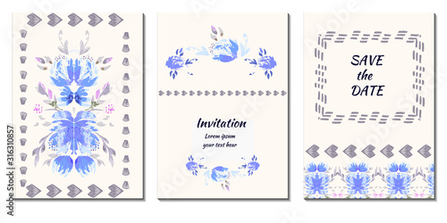 Vector Set of 3 Romantic  abstract flower backgrounds in blue and white colors. Ideal for Wedding invitation  birthday card or any porpoise.