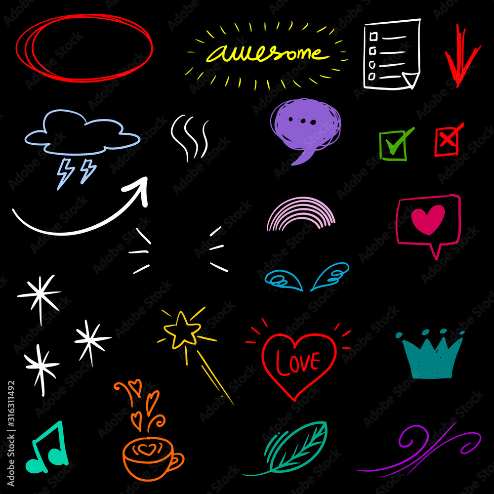 Hand drawn set elements, for concept design. doodle abstract isolated on black background . vector illustration.