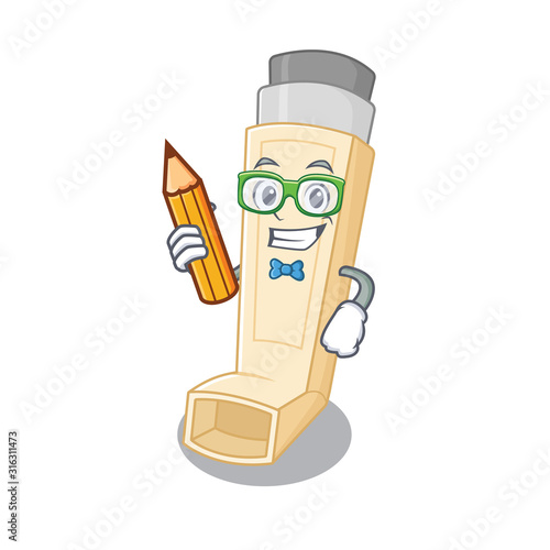 A picture of Student asthma inhaler character holding pencil