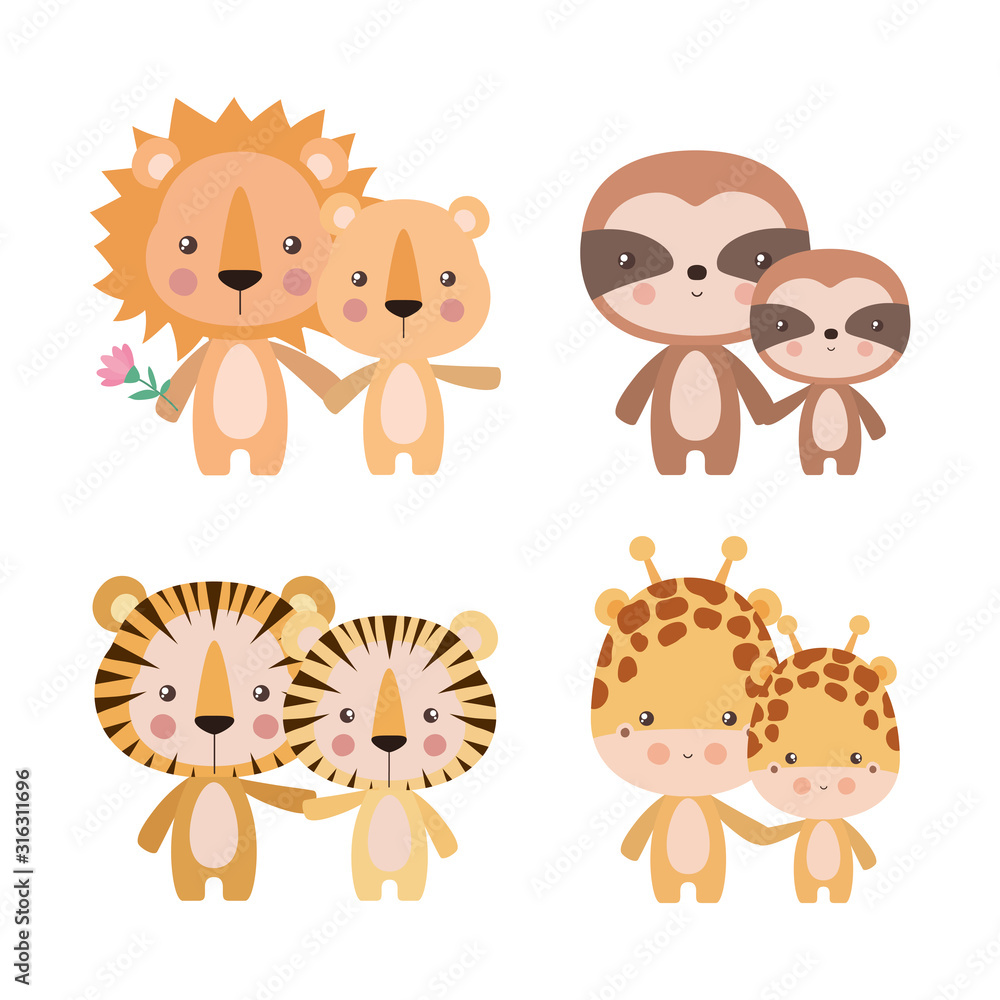 Tigers giraffes lions and sloths mothers and cubs vector design Tigers giraffes lions and sloths mothers and cubs vector design