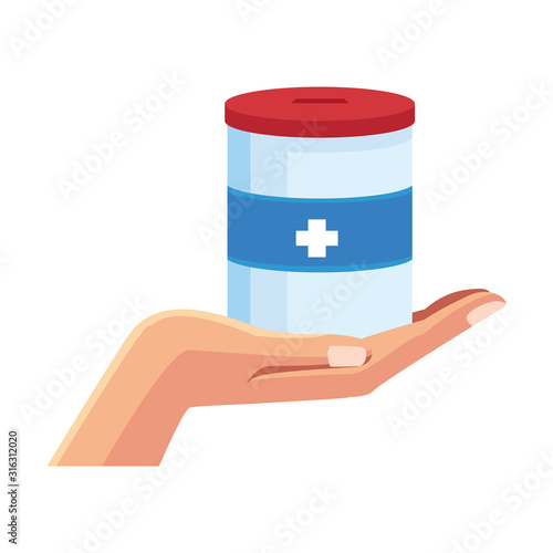 hand holding a donation tin, colorful design