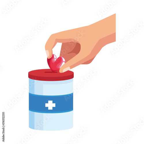 hand with heart and donation tin, colorful design